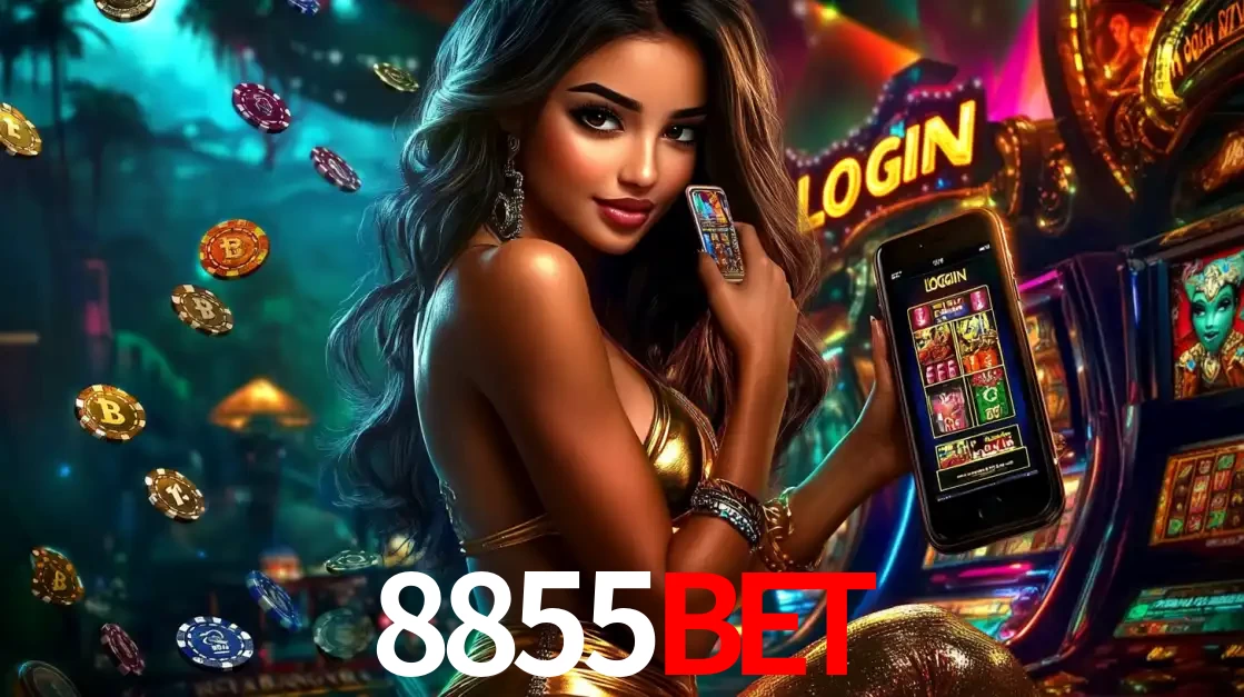 Mulher em um cenário de cassino temático de aventura, mostrando o app de caça-níqueis da 8855bet no celular. Fichas de apostas flutuam ao redor.