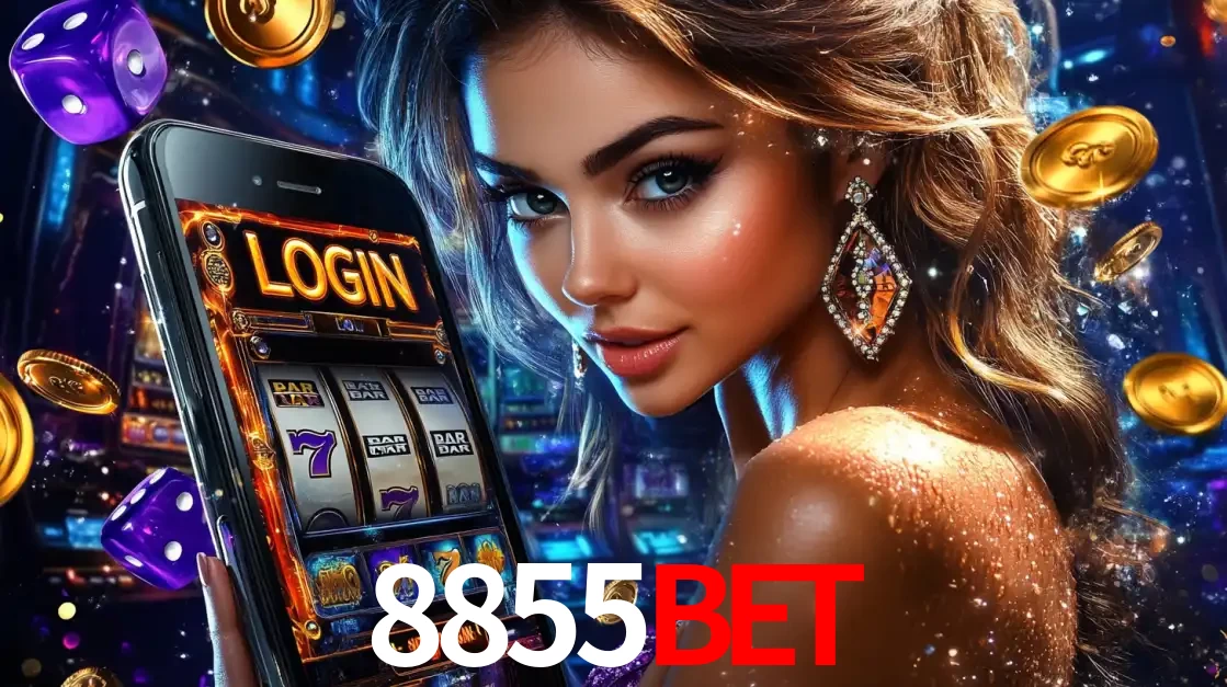 Mulher glamorosa segurando um smartphone com a tela de login para os jogos de caça-níqueis do cassino online 8855bet, com moedas de ouro e dados ao redor.